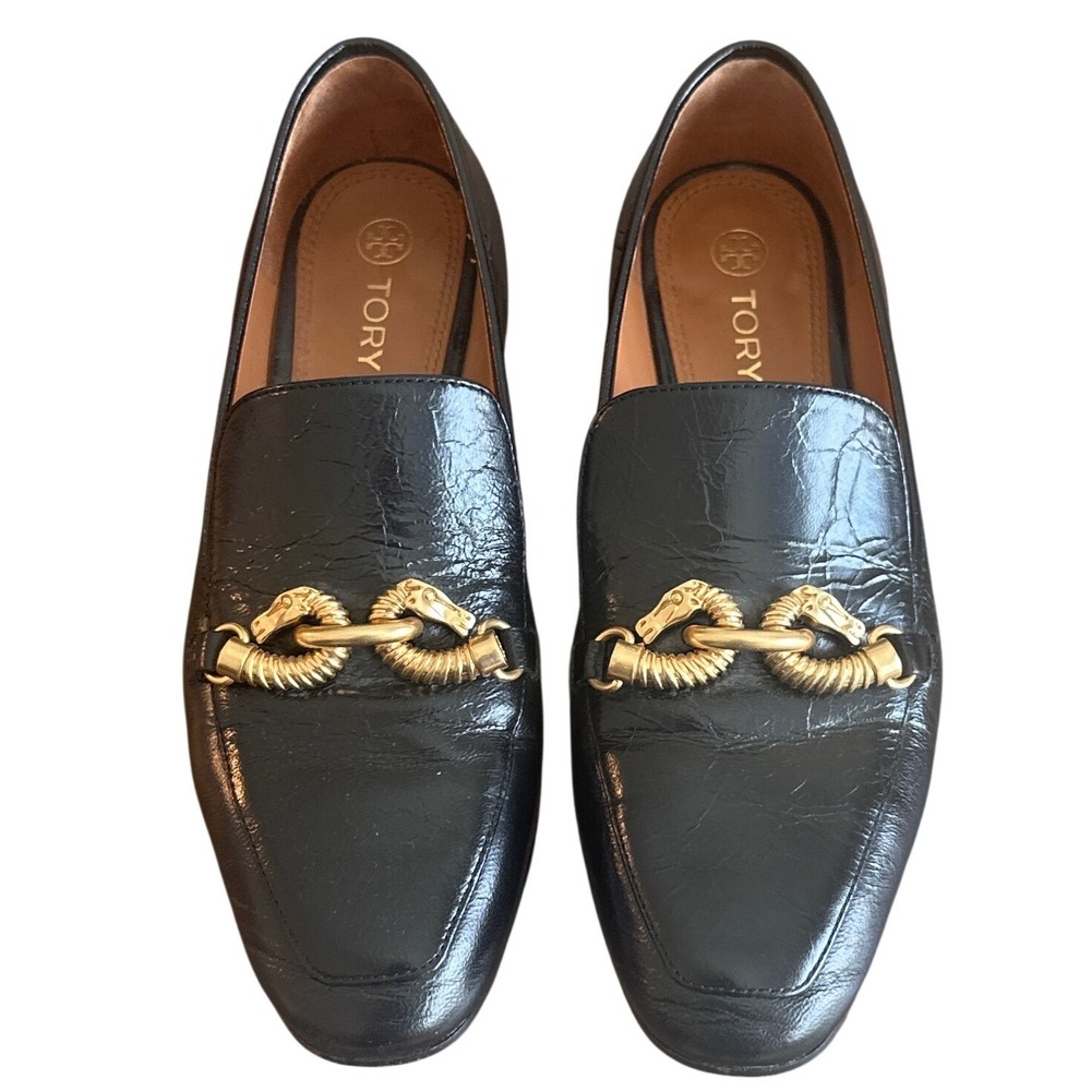 Tory Burch Jessa Black Leather Horsebit Horsehead Loafers Gold Size 8